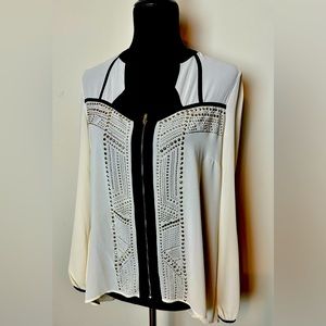 DO&BE Studded Black/Cream Zip-Front Blouse SZ L